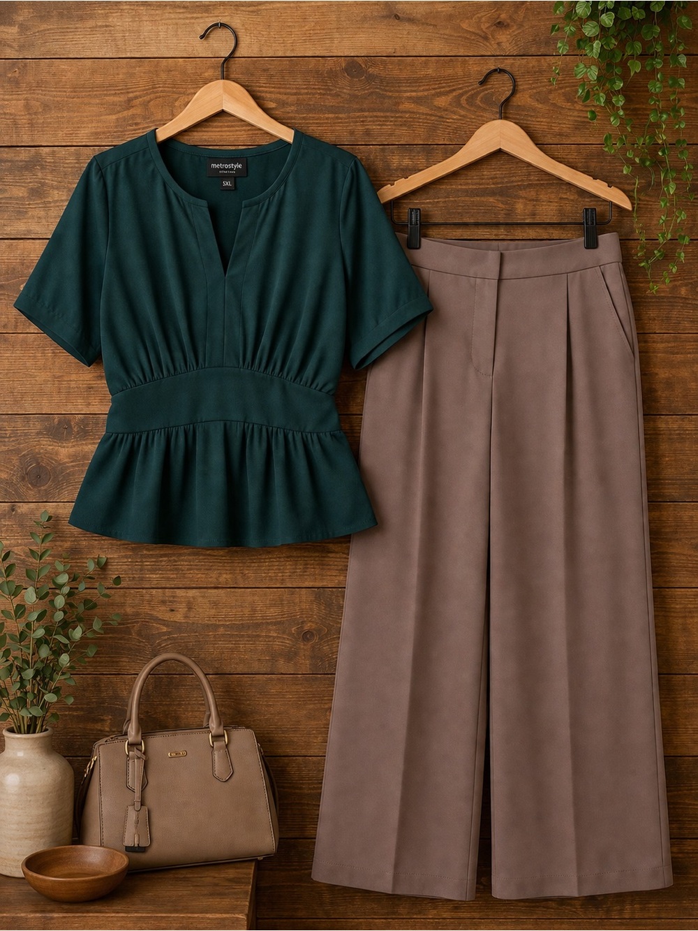 Chic Dark Green Plus Size 5X Peblum top & Metro Style Wide Leg Pant Set Size 20.
